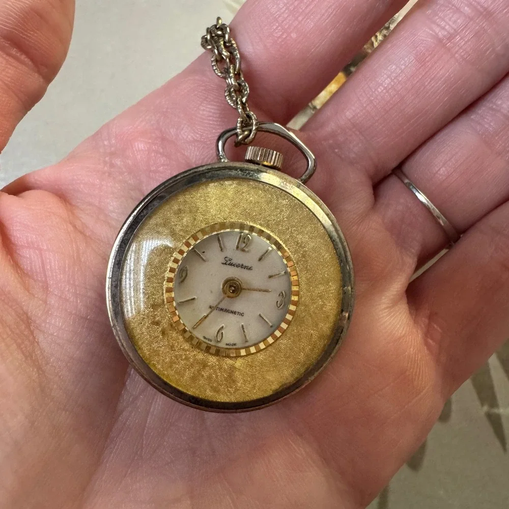 Vintage Lucerne Swiss Made Antimagnetic Pendant Watch Gold Tone Filigree Chain